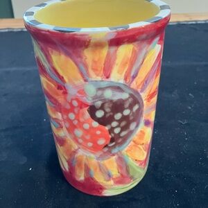 Hand painted Sunflowers Scarlet Ceramic Utensil Jar 7”x5. ByVictoria Heisler